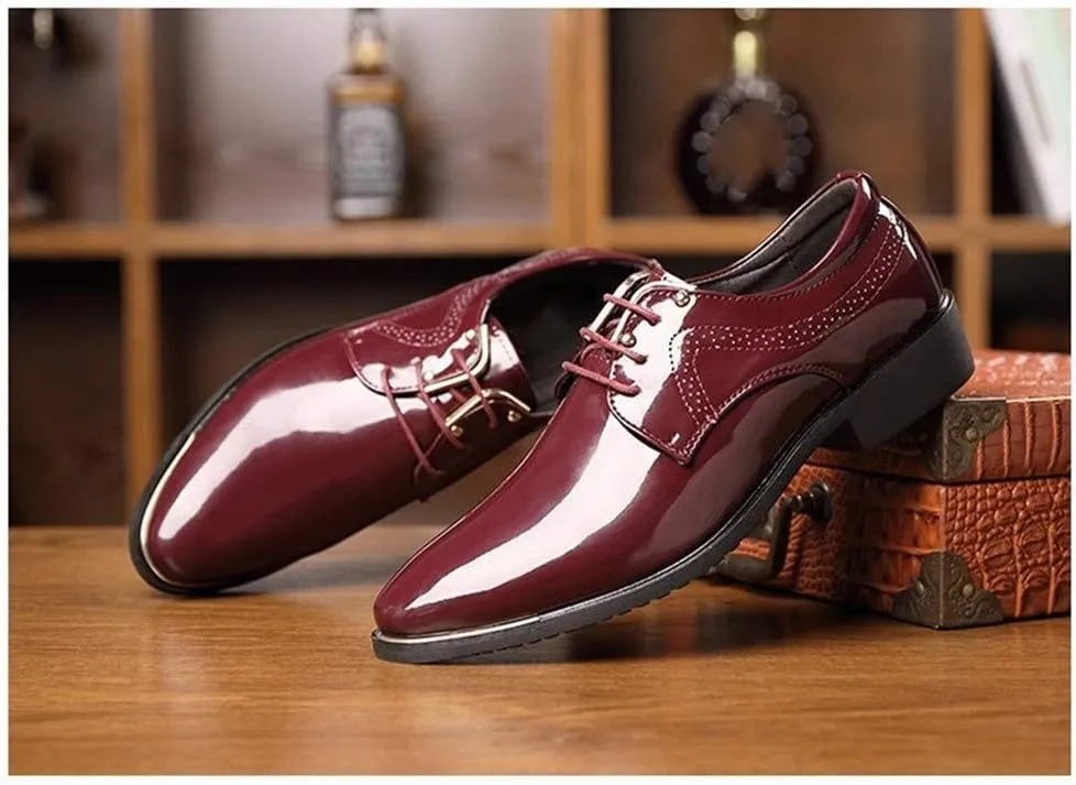 Dress Oxford Formal Shoes for Men Lace Up Snip Toe Patent Leather Derby Shoes Vegan Leather Non Slip Anti-Slip Low Top Party