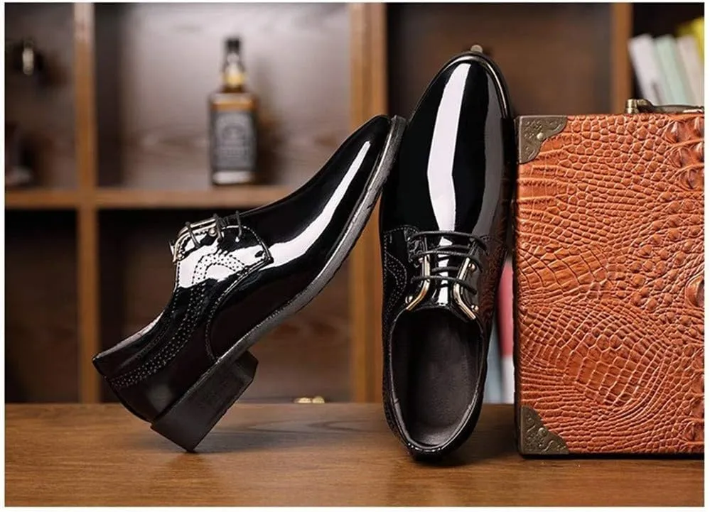 Dress Oxford Formal Shoes for Men Lace Up Snip Toe Patent Leather Derby Shoes Vegan Leather Non Slip Anti-Slip Low Top Party