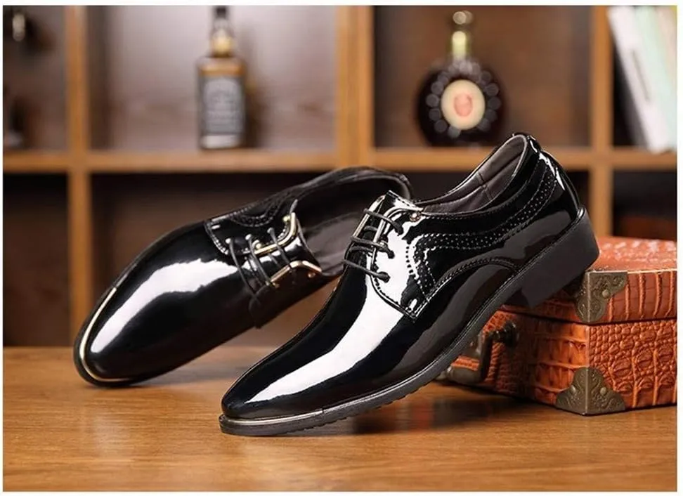 Dress Oxford Formal Shoes for Men Lace Up Snip Toe Patent Leather Derby Shoes Vegan Leather Non Slip Anti-Slip Low Top Party