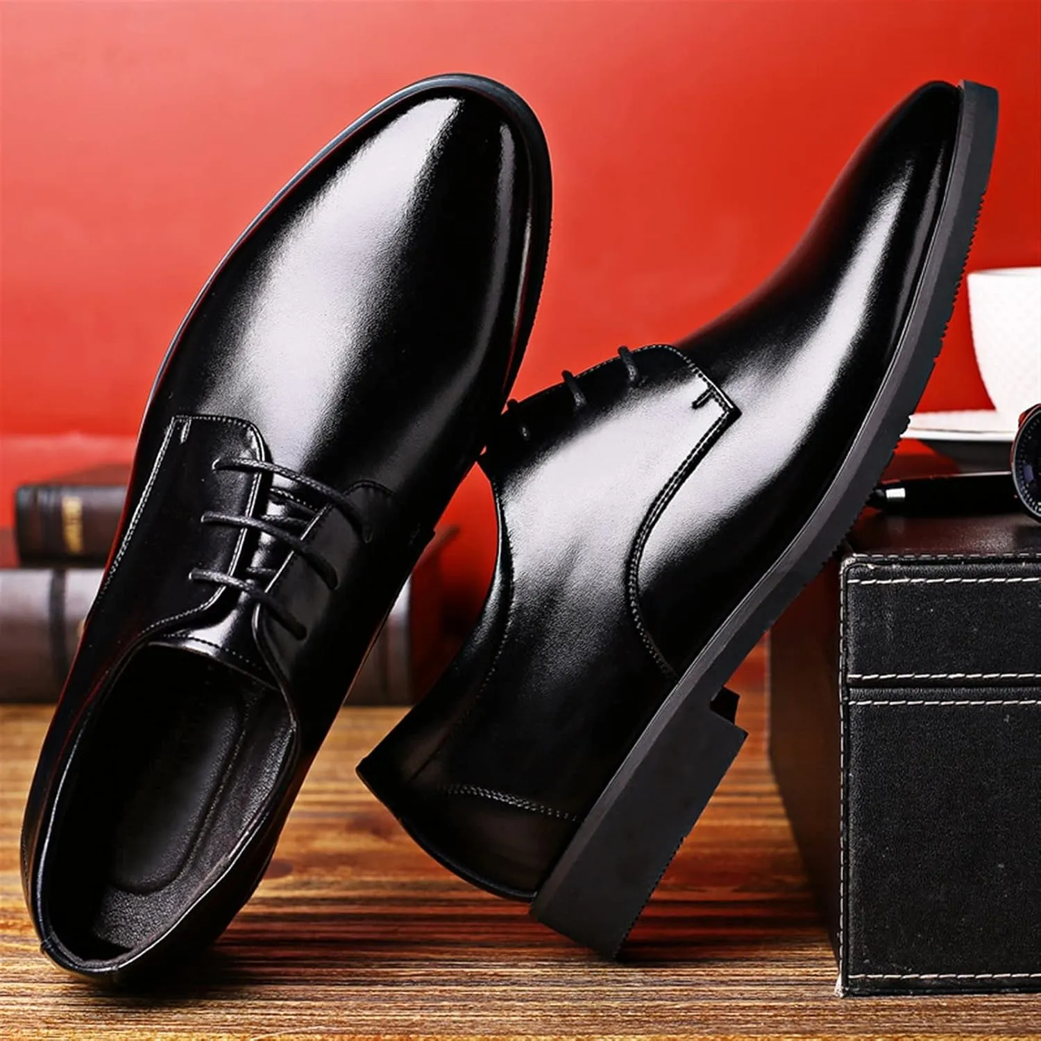 Dress Oxford Shoes for Men Lace Up Round Toe Derby Shoes Vegan Leather Anti-Slip Block Heel Low Top Non Slip Resistant Wedding
