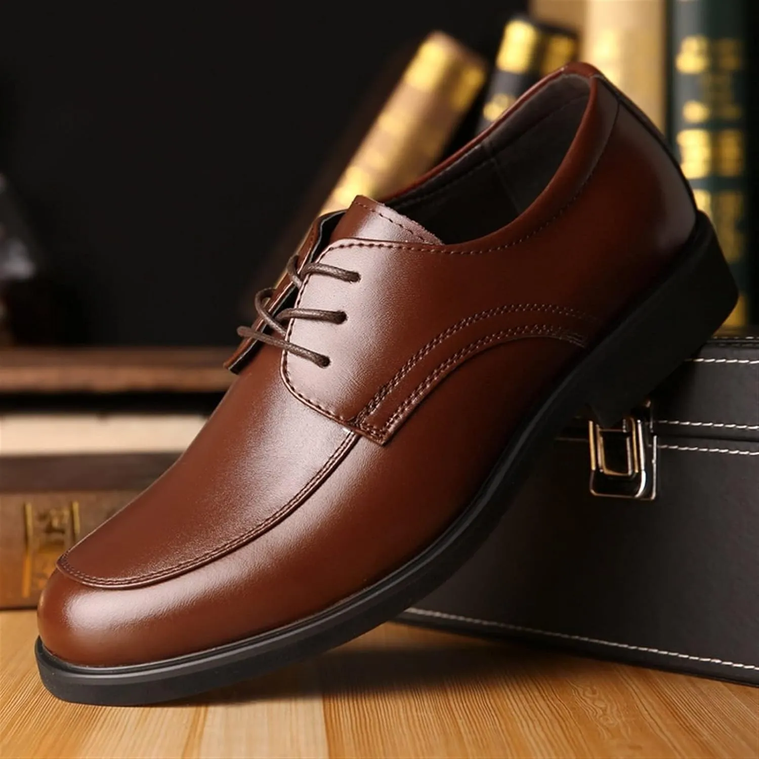 Dress Shoes for Men Lace Up Apron Toe Derby Shoes Burnished Round Toe Vegan Leather Slip Resistant Rubber Sole Anti-Slip Non Slip Low Top Prom