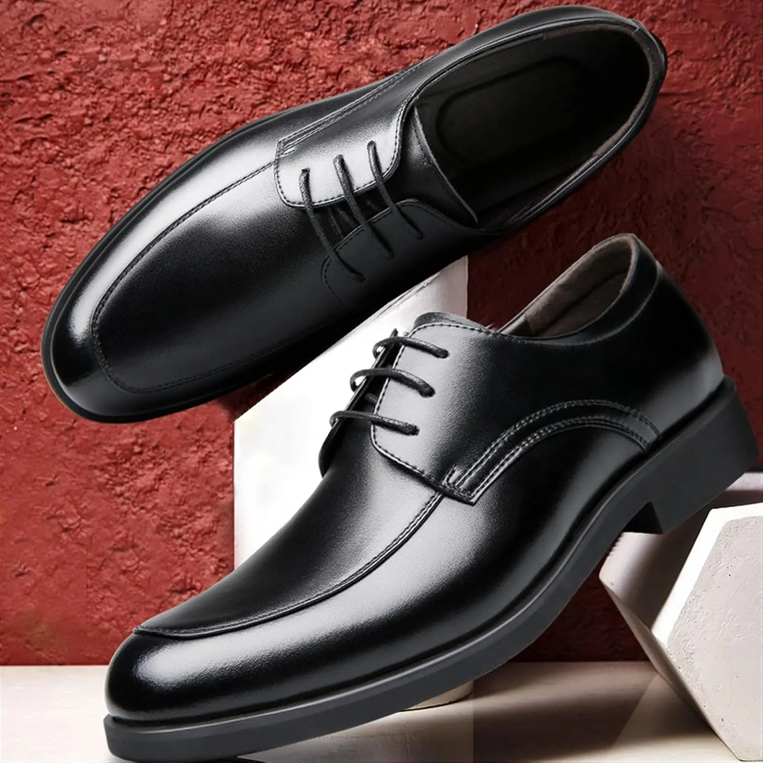 Dress Shoes for Men Lace Up Apron Toe Derby Shoes Burnished Round Toe Vegan Leather Slip Resistant Rubber Sole Anti-Slip Non Slip Low Top Prom