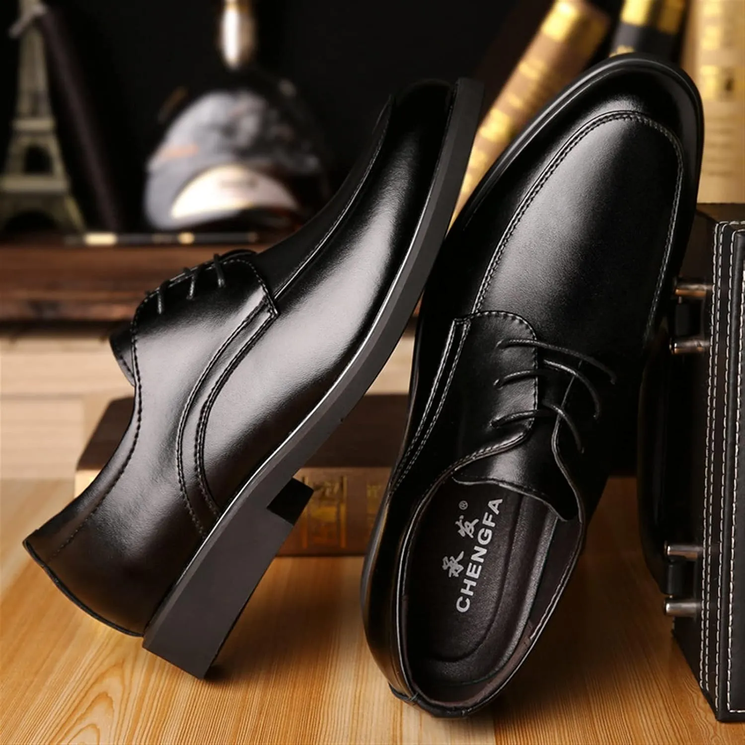 Dress Shoes for Men Lace Up Apron Toe Derby Shoes Burnished Round Toe Vegan Leather Slip Resistant Rubber Sole Anti-Slip Non Slip Low Top Prom