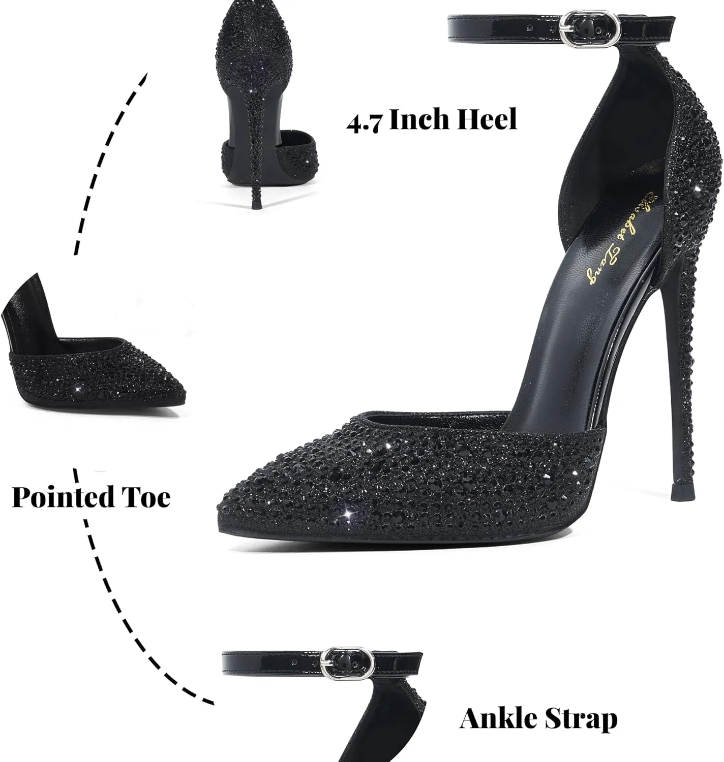 Elisabet Tang High Heels, Women Pumps D'Orsay Ankle Strap Pointed Toe Stiletto Heels Party Wedding Shoes