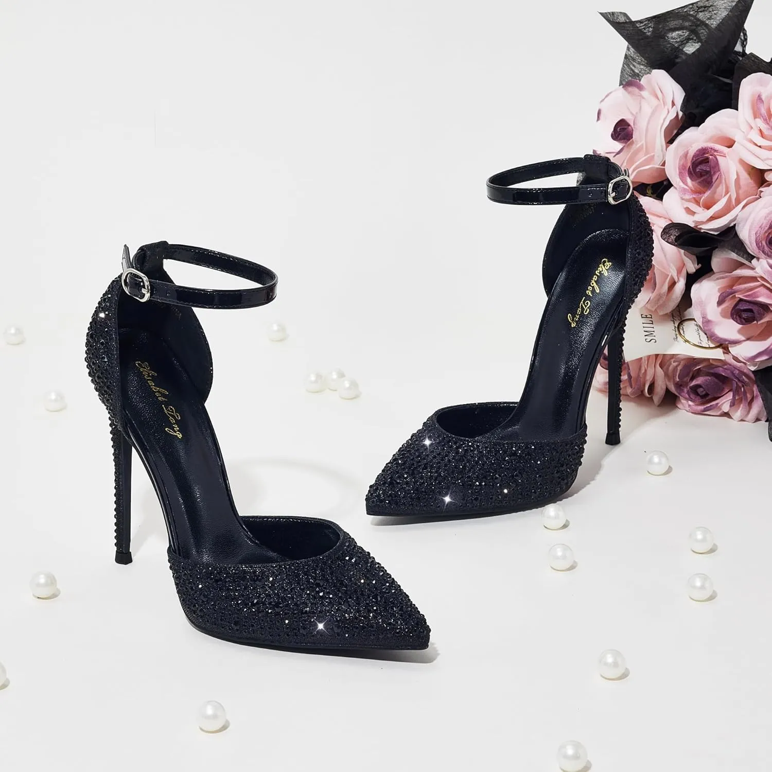 Elisabet Tang High Heels, Women Pumps D'Orsay Ankle Strap Pointed Toe Stiletto Heels Party Wedding Shoes