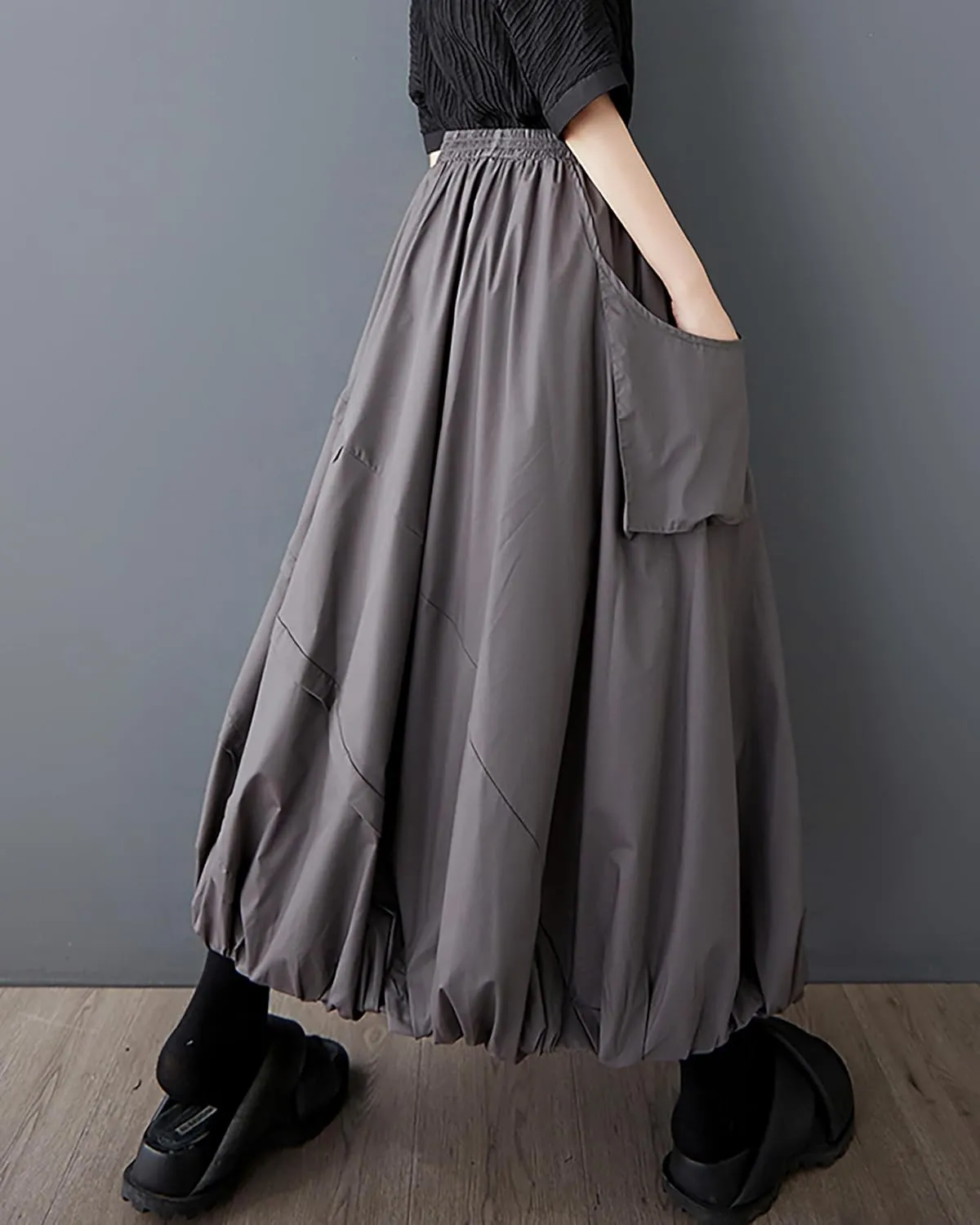 ellazhu Women's Skirt A-line Pleated Pocket Patchwork Puff Balloon Skirt GZ473