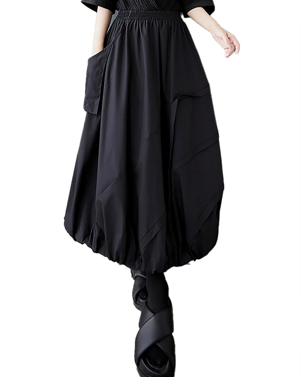 ellazhu Women's Skirt A-line Pleated Pocket Patchwork Puff Balloon Skirt GZ473