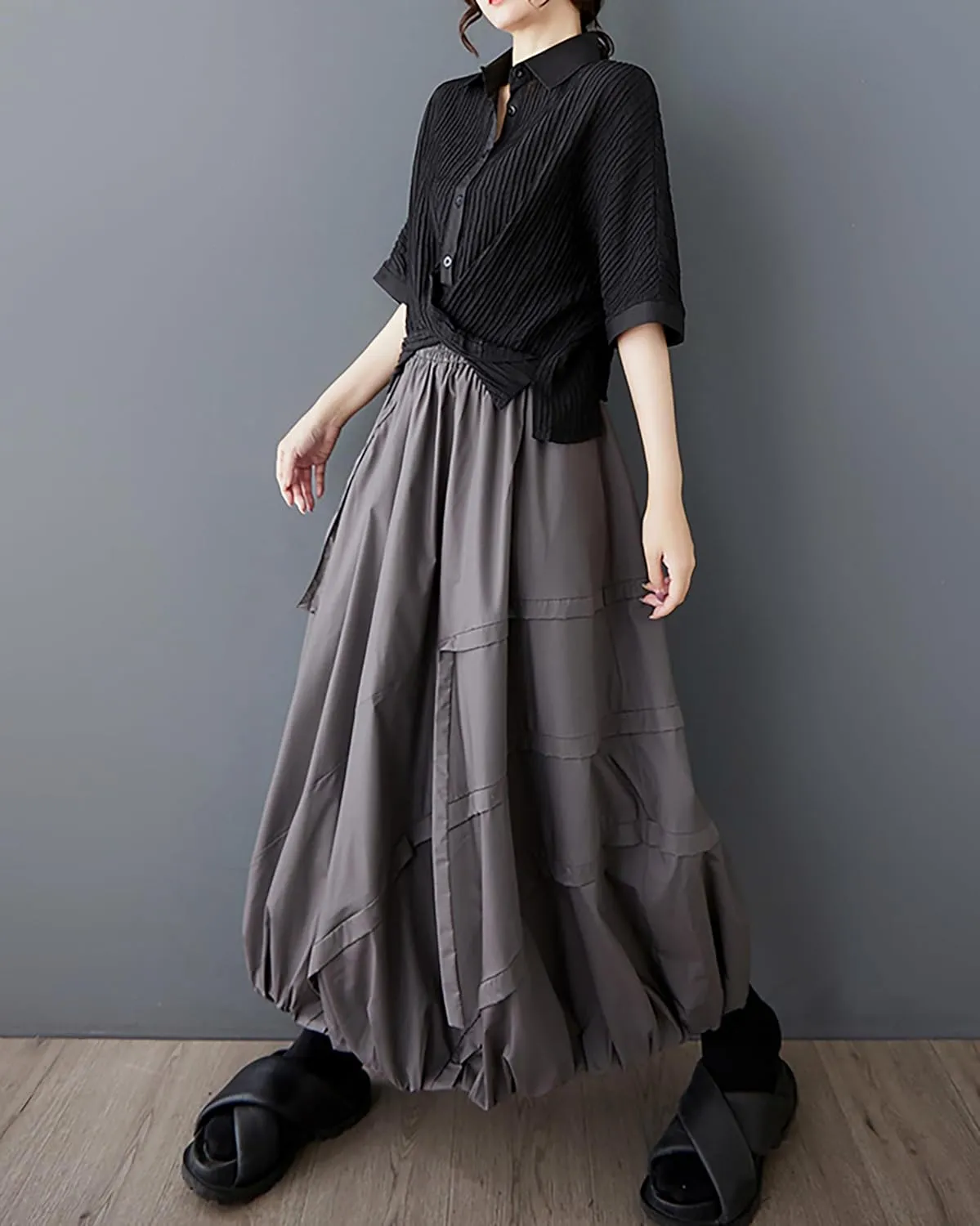 ellazhu Women's Skirt A-line Pleated Pocket Patchwork Puff Balloon Skirt GZ473