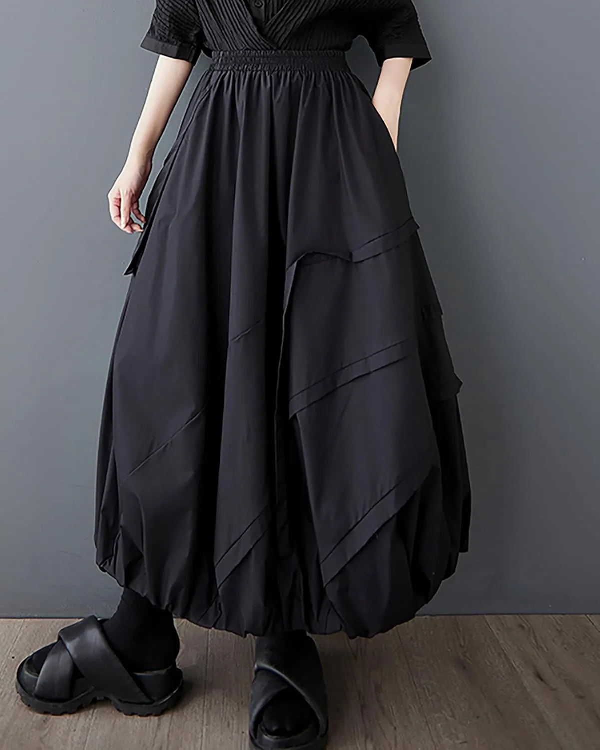ellazhu Women's Skirt A-line Pleated Pocket Patchwork Puff Balloon Skirt GZ473