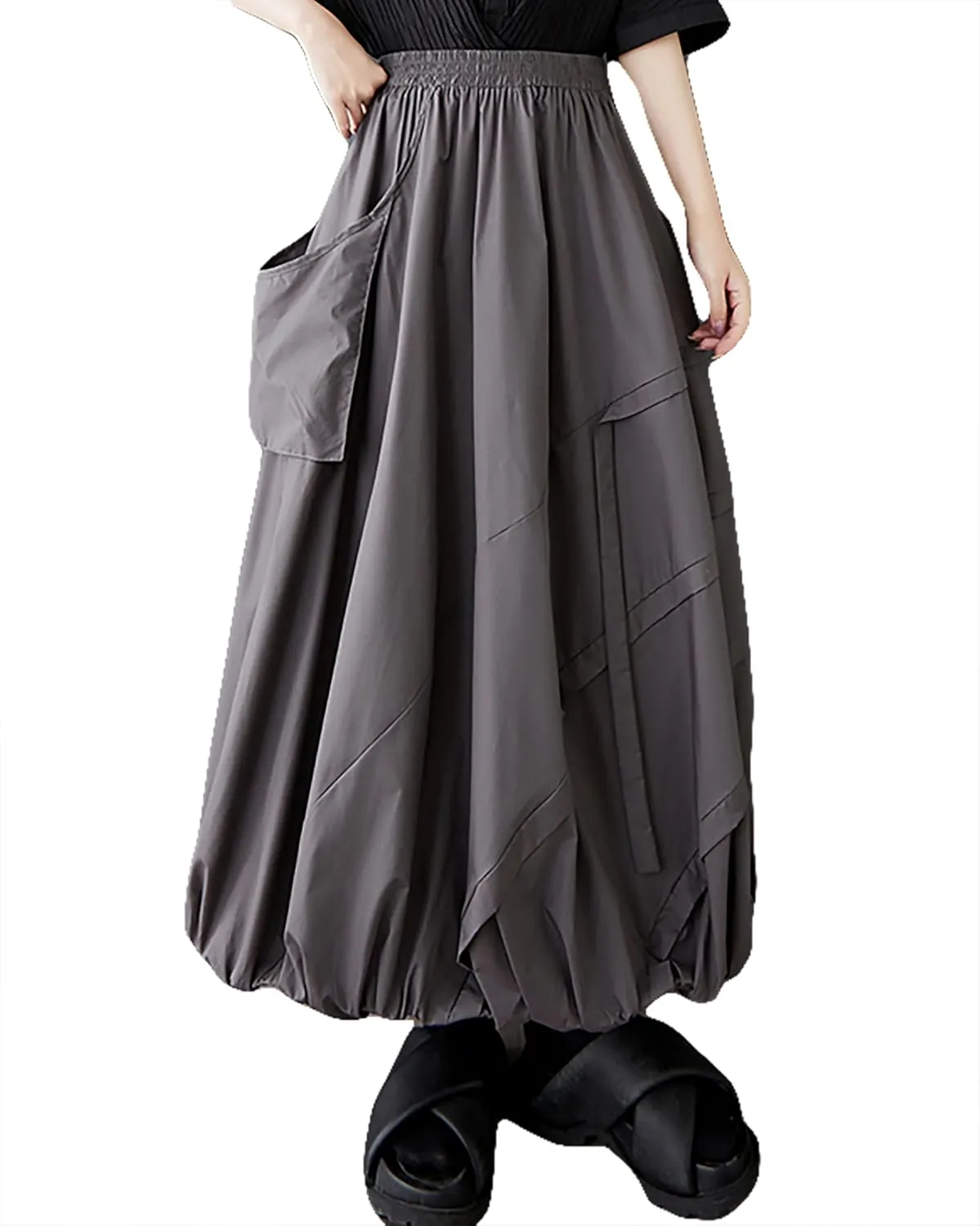 ellazhu Women's Skirt A-line Pleated Pocket Patchwork Puff Balloon Skirt GZ473