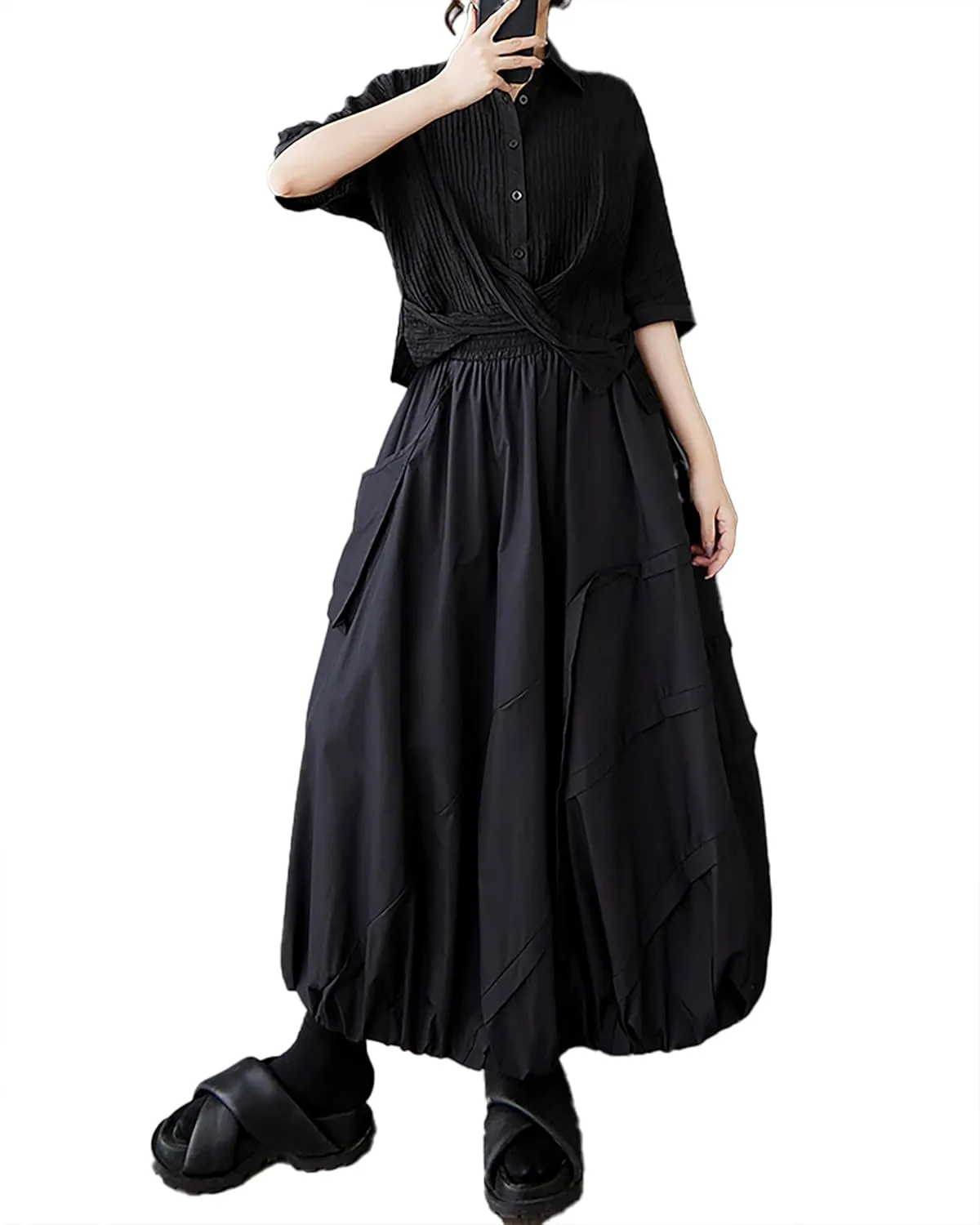 ellazhu Women's Skirt A-line Pleated Pocket Patchwork Puff Balloon Skirt GZ473