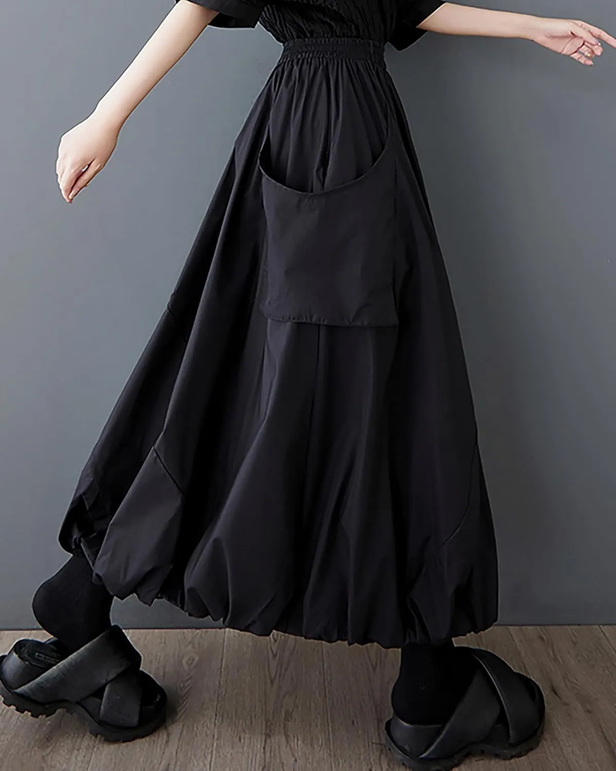 ellazhu Women's Skirt A-line Pleated Pocket Patchwork Puff Balloon Skirt GZ473