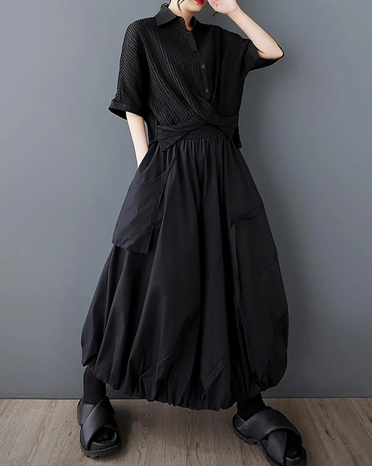 ellazhu Women's Skirt A-line Pleated Pocket Patchwork Puff Balloon Skirt GZ473