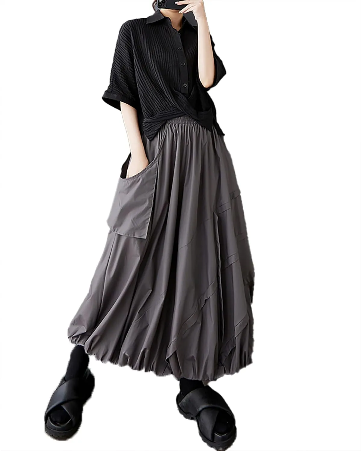 ellazhu Women's Skirt A-line Pleated Pocket Patchwork Puff Balloon Skirt GZ473