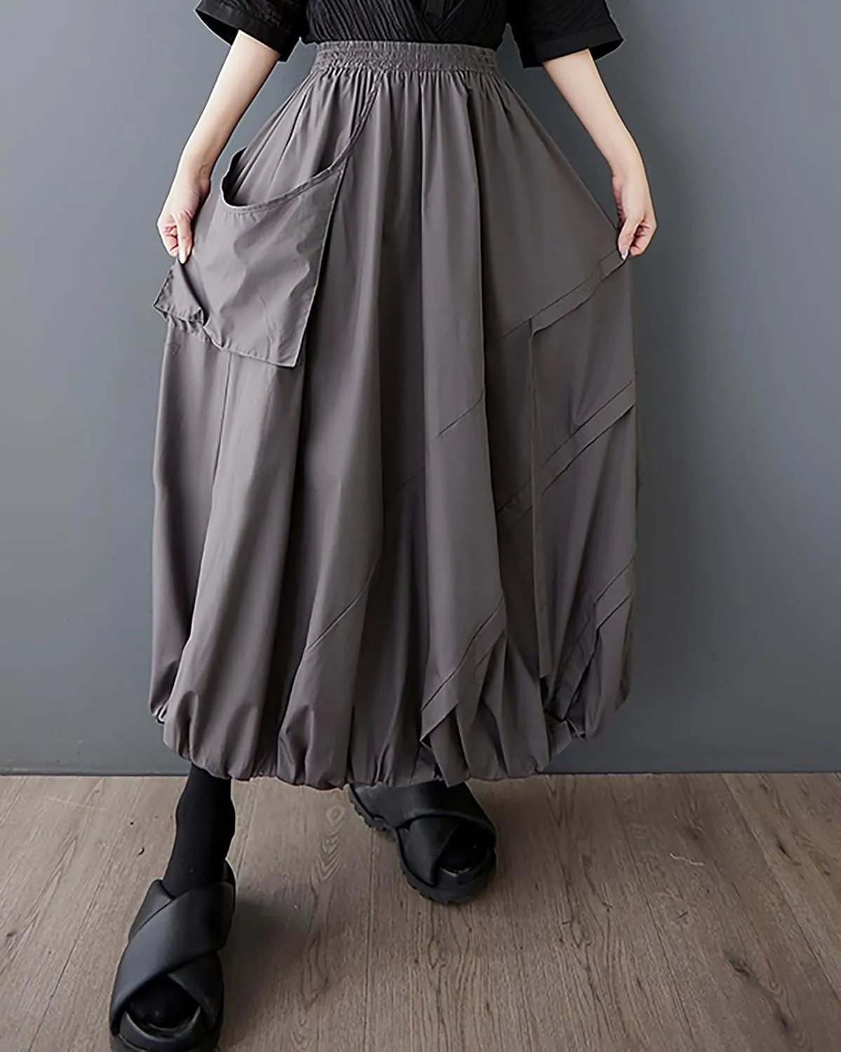 ellazhu Women's Skirt A-line Pleated Pocket Patchwork Puff Balloon Skirt GZ473