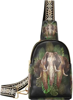 Embroidery Elephants Tropical Fanny Pack Crossbody PC Leather Small Sling Bag for Women Fashion Waist Packs Chest Bag for Travel Sports Running Hiking
