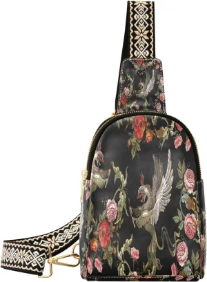 Embroidery Griffins Red Roses Fanny Pack Crossbody PC Leather Small Sling Bag for Women Fashion Waist Packs Chest Bag for Travel Sports Running Hiking