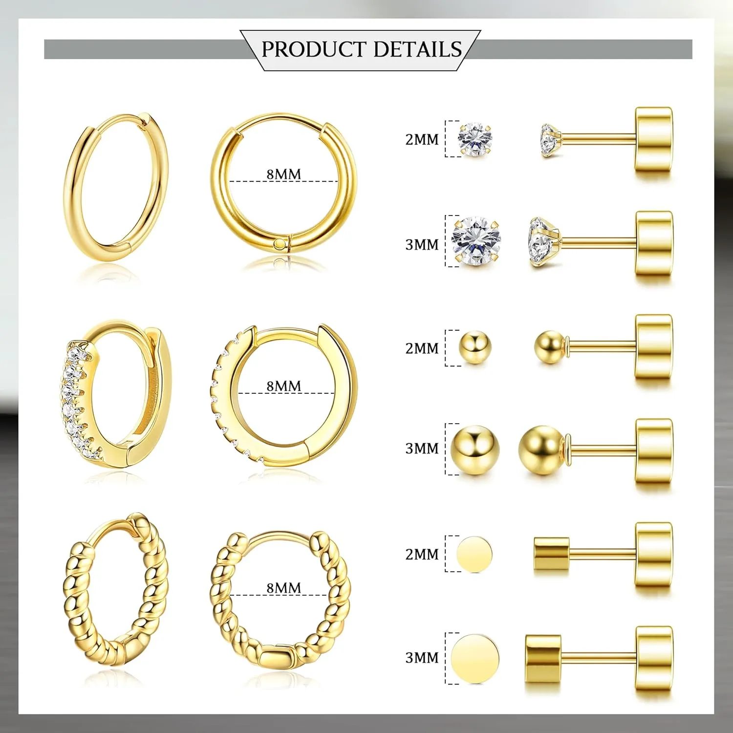 FASACCO Flat Back Stud Earrings Set Cartilage Earrings Gold Plated Surgical Steel Earrings Stud Screw on Flatback Earrings Dainty Nap Earrings