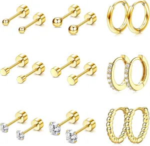 FASACCO Flat Back Stud Earrings Set Cartilage Earrings Gold Plated Surgical Steel Earrings Stud Screw on Flatback Earrings Dainty Nap Earrings