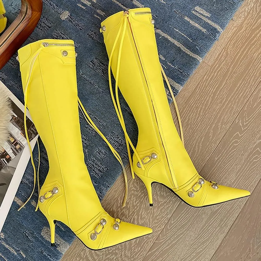 femflame Women's Knee High Boots for Women Pointed Toe Stiletto High Heels Rivet Party Dress Hot Long