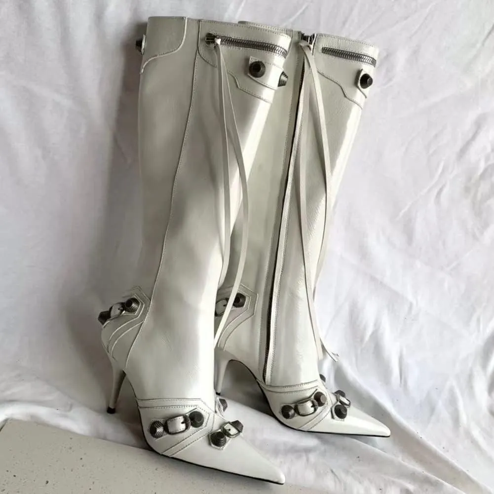 femflame Women's Knee High Boots for Women Pointed Toe Stiletto High Heels Rivet Party Dress Hot Long