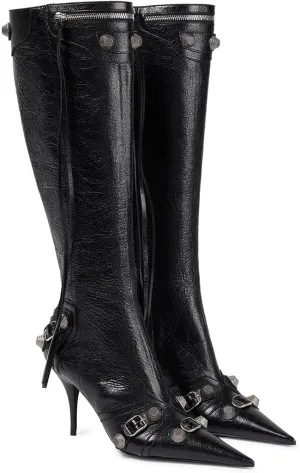 femflame Women's Knee High Boots for Women Pointed Toe Stiletto High Heels Rivet Party Dress Hot Long