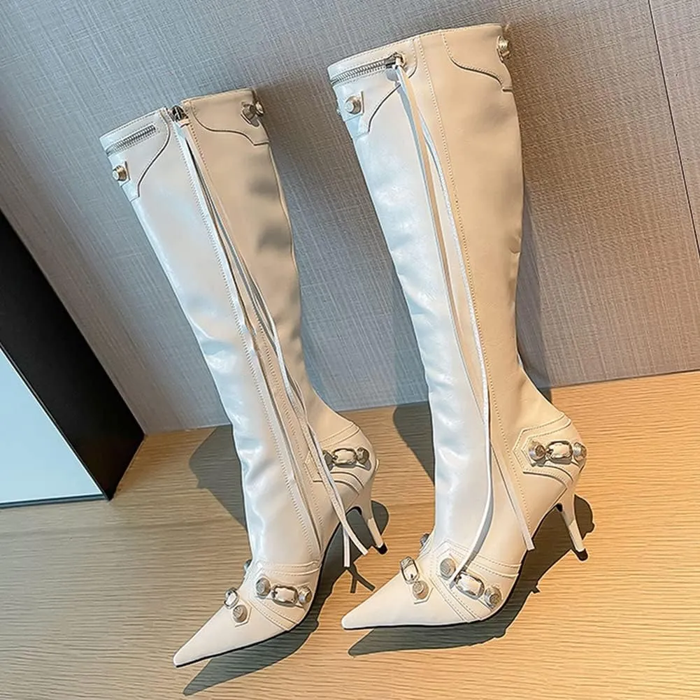 femflame Women's Knee High Boots for Women Pointed Toe Stiletto High Heels Rivet Party Dress Hot Long