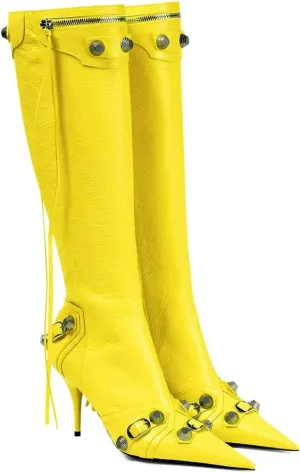 femflame Women's Knee High Boots for Women Pointed Toe Stiletto High Heels Rivet Party Dress Hot Long