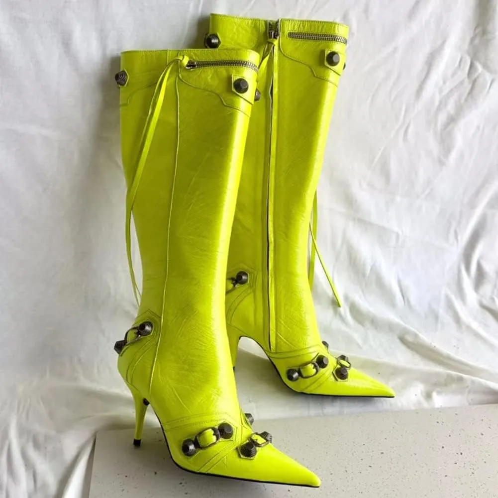 femflame Women's Knee High Boots for Women Pointed Toe Stiletto High Heels Rivet Party Dress Hot Long