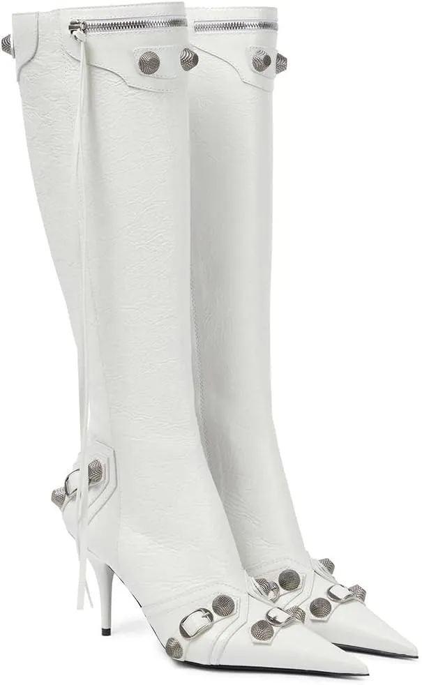 femflame Women's Knee High Boots for Women Pointed Toe Stiletto High Heels Rivet Party Dress Hot Long