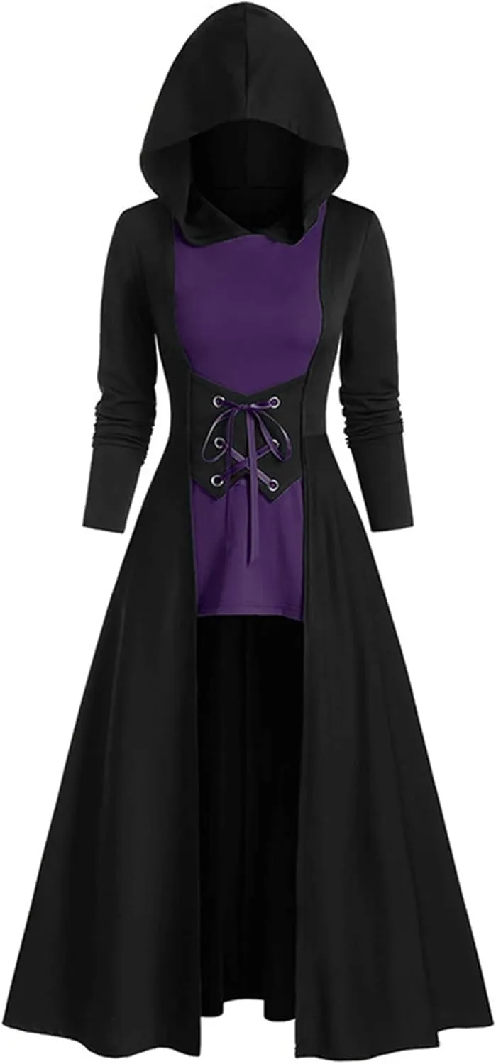 FEOYA Women's Hooded Sweatshirt Dress Medieval High Low Cloak Robe Steampunk Gothic Long Sleeve Renaissance Dresses