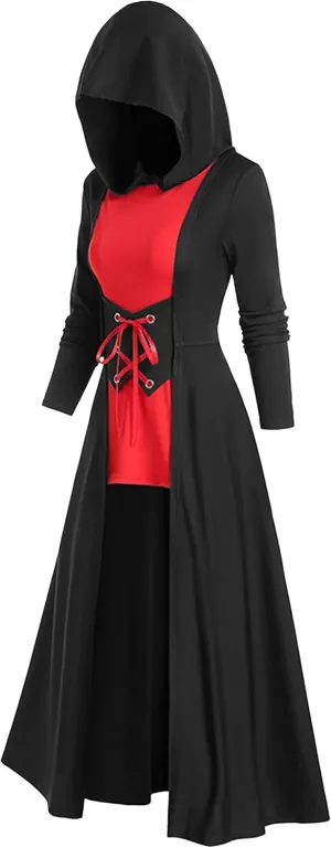 FEOYA Women's Hooded Sweatshirt Dress Medieval High Low Cloak Robe Steampunk Gothic Long Sleeve Renaissance Dresses