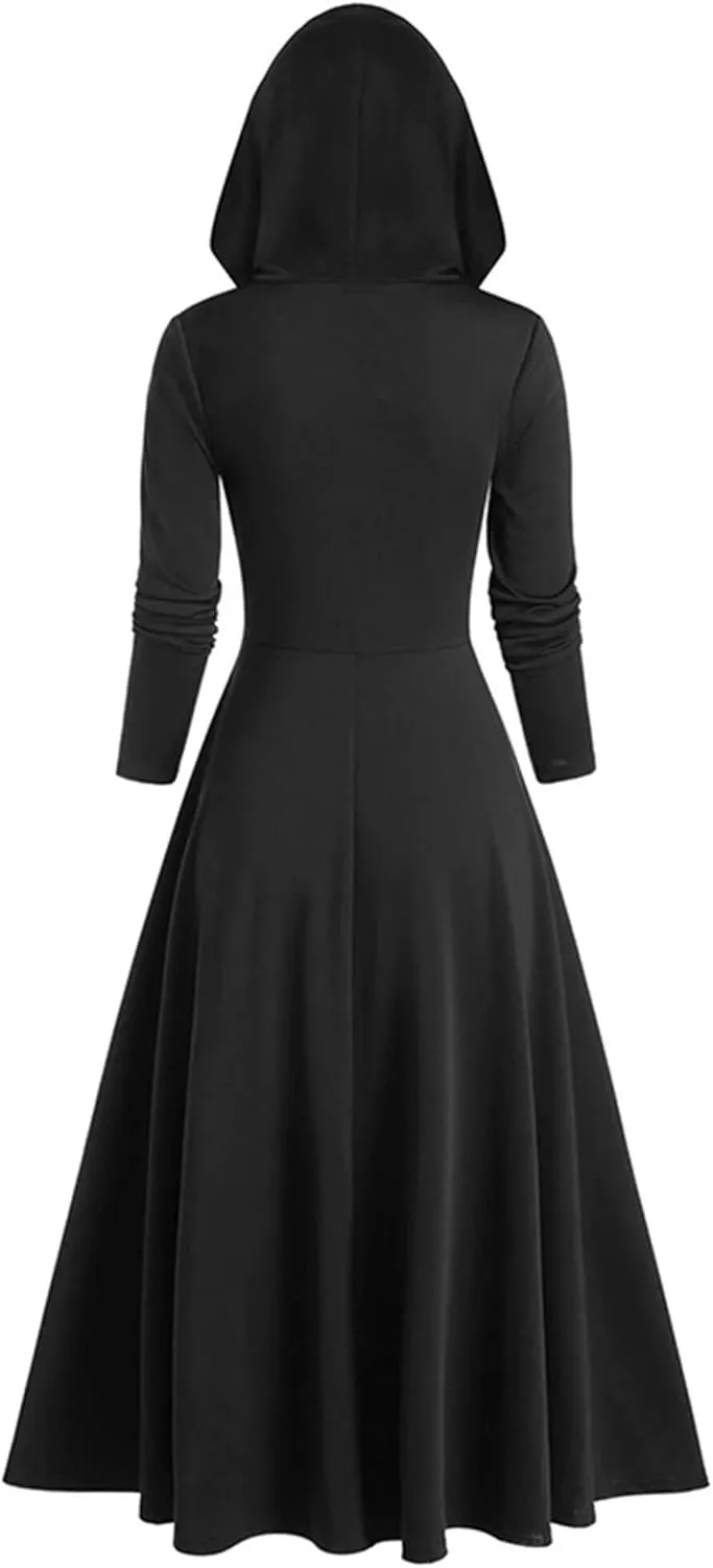 FEOYA Women's Hooded Sweatshirt Dress Medieval High Low Cloak Robe Steampunk Gothic Long Sleeve Renaissance Dresses