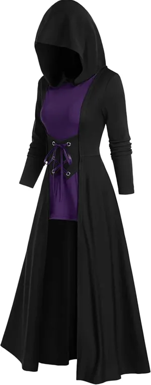 FEOYA Women's Hooded Sweatshirt Dress Medieval High Low Cloak Robe Steampunk Gothic Long Sleeve Renaissance Dresses
