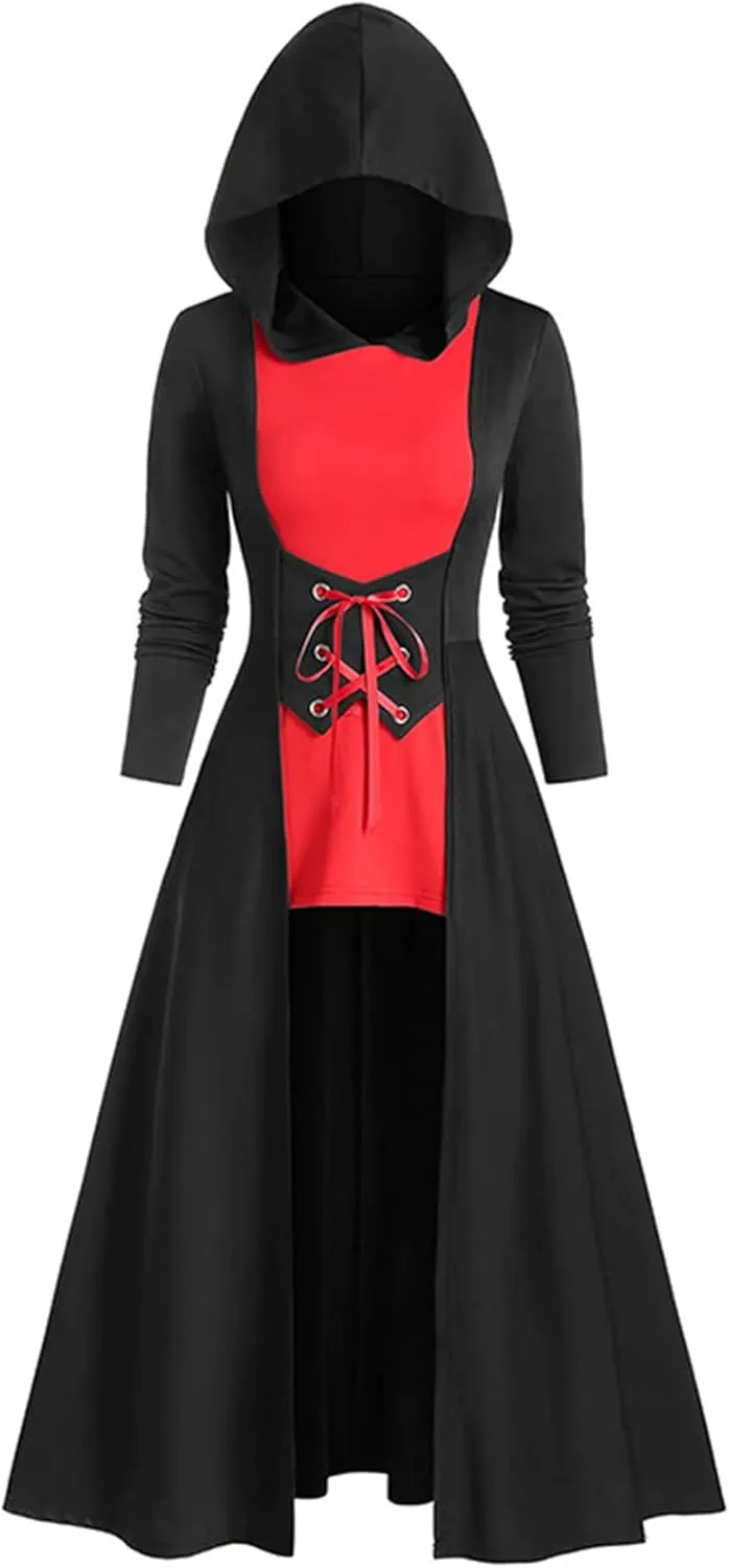FEOYA Women's Hooded Sweatshirt Dress Medieval High Low Cloak Robe Steampunk Gothic Long Sleeve Renaissance Dresses