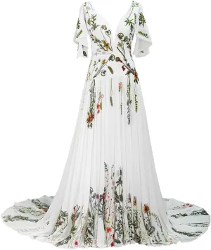 Floral Embroidered Wedding Dresses for Women Bride 2025 Long Chiffon Cap Sleeve Plunging V Neck A Line Bridal Gown