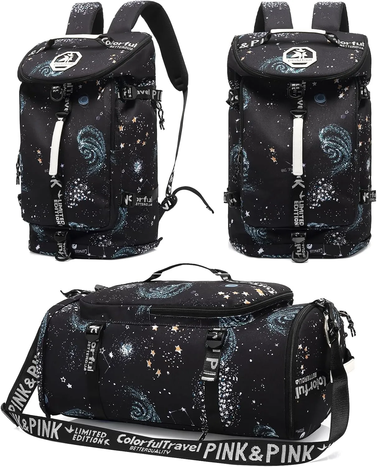 Floral gym duffel bag backpack, fashion wrestling bag,with shoe compartment, 4 kinds of back method waterproof travel sports walking laptop LightweightA-Starry Sky