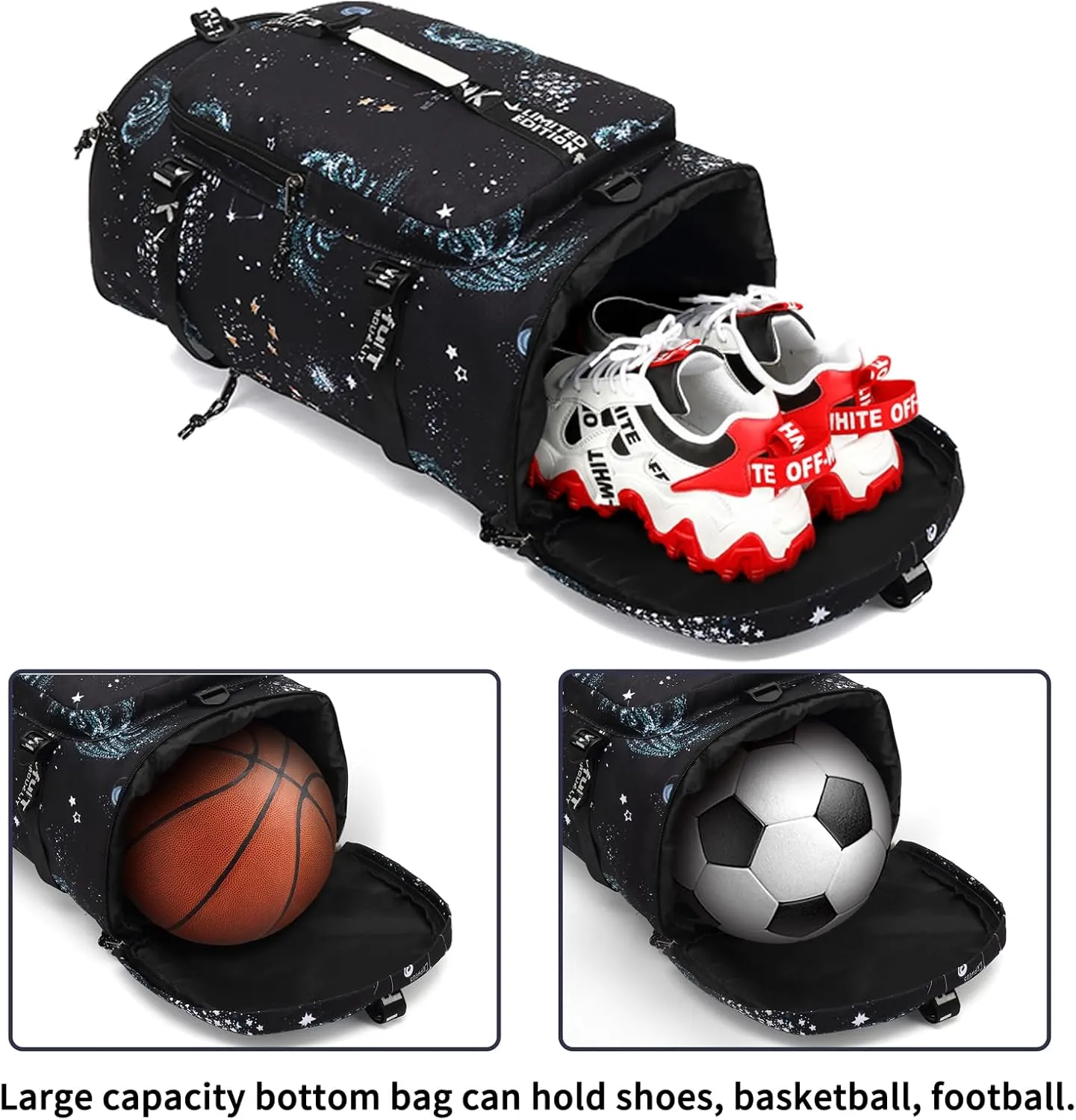 Floral gym duffel bag backpack, fashion wrestling bag,with shoe compartment, 4 kinds of back method waterproof travel sports walking laptop LightweightA-Starry Sky