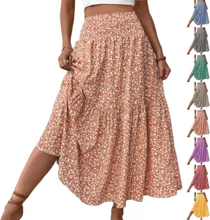 Floral Maxi Skirts for Women Trendy Summer Casual Boho Long Flowy Skirt Smocked Elastic High Waisted A Line Skirt