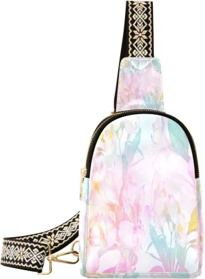 Floral Pastel Colors Fanny Pack Crossbody PC Leather Small Sling Bag for Women Fashion Waist Packs Chest Bag for Travel Sports Running Hiking