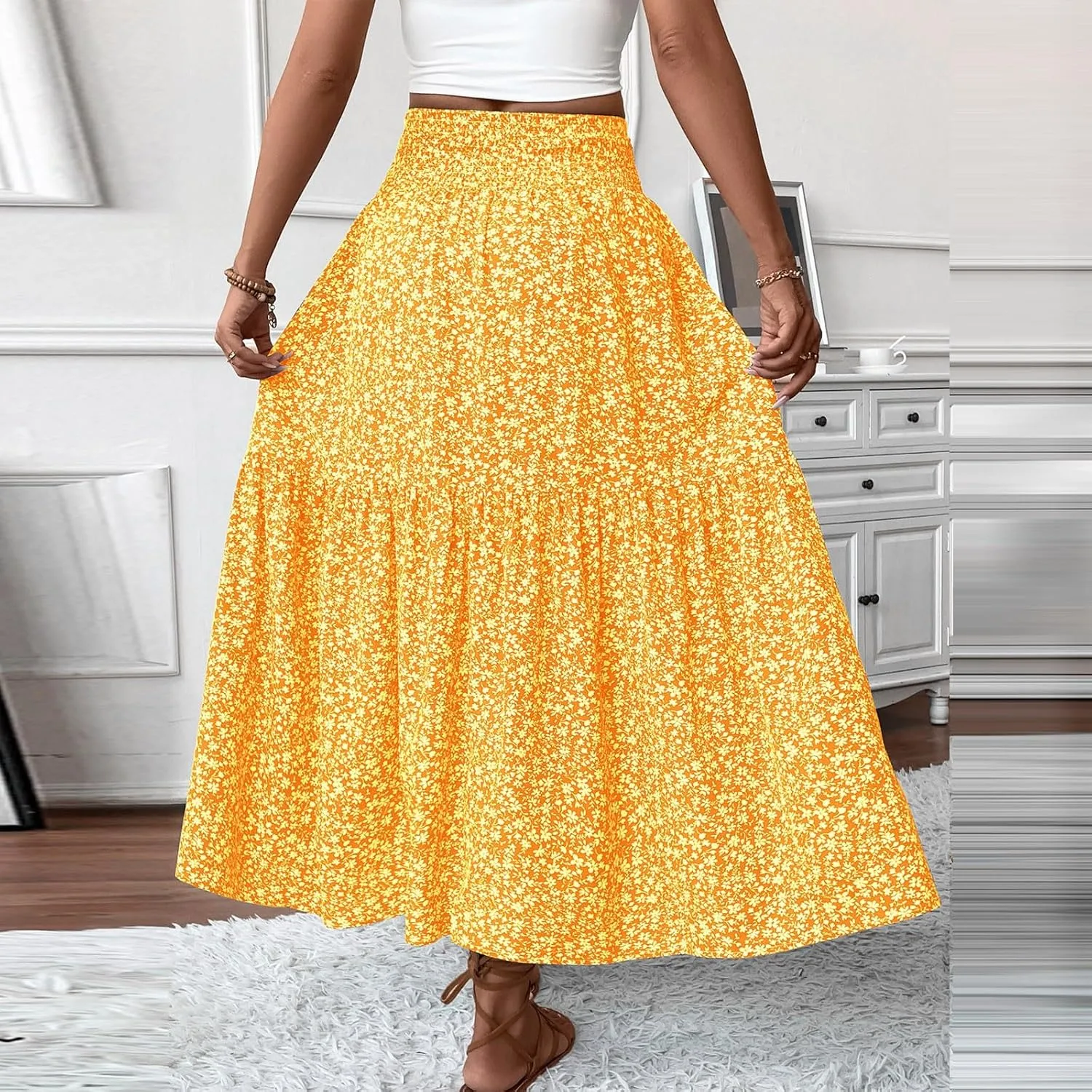Floral Skirts for Women 2025 Spring Summer Trendy Elastic Waist Maxi Skirts Flowy Bohemian Ruffle Skirt with Pockets