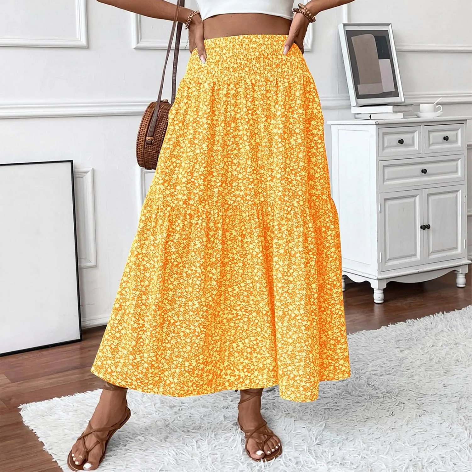 Floral Skirts for Women 2025 Spring Summer Trendy Elastic Waist Maxi Skirts Flowy Bohemian Ruffle Skirt with Pockets