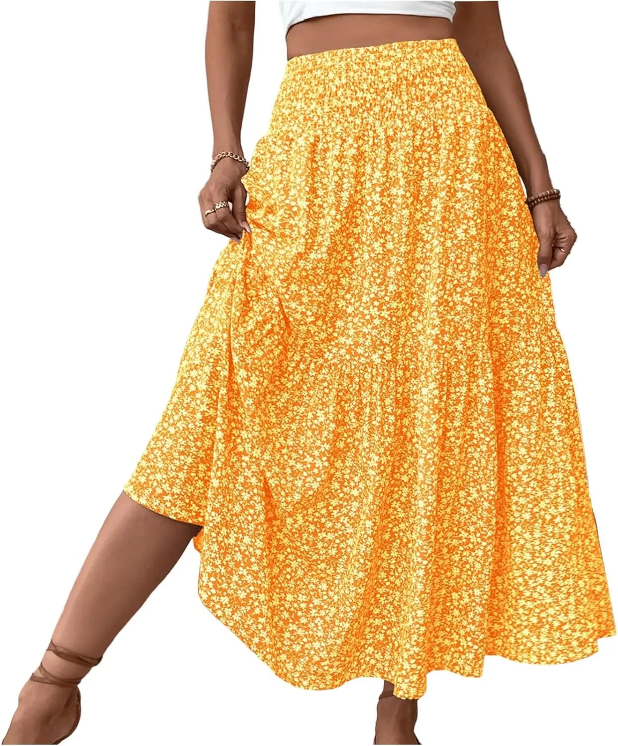 Floral Skirts for Women 2025 Spring Summer Trendy Elastic Waist Maxi Skirts Flowy Bohemian Ruffle Skirt with Pockets