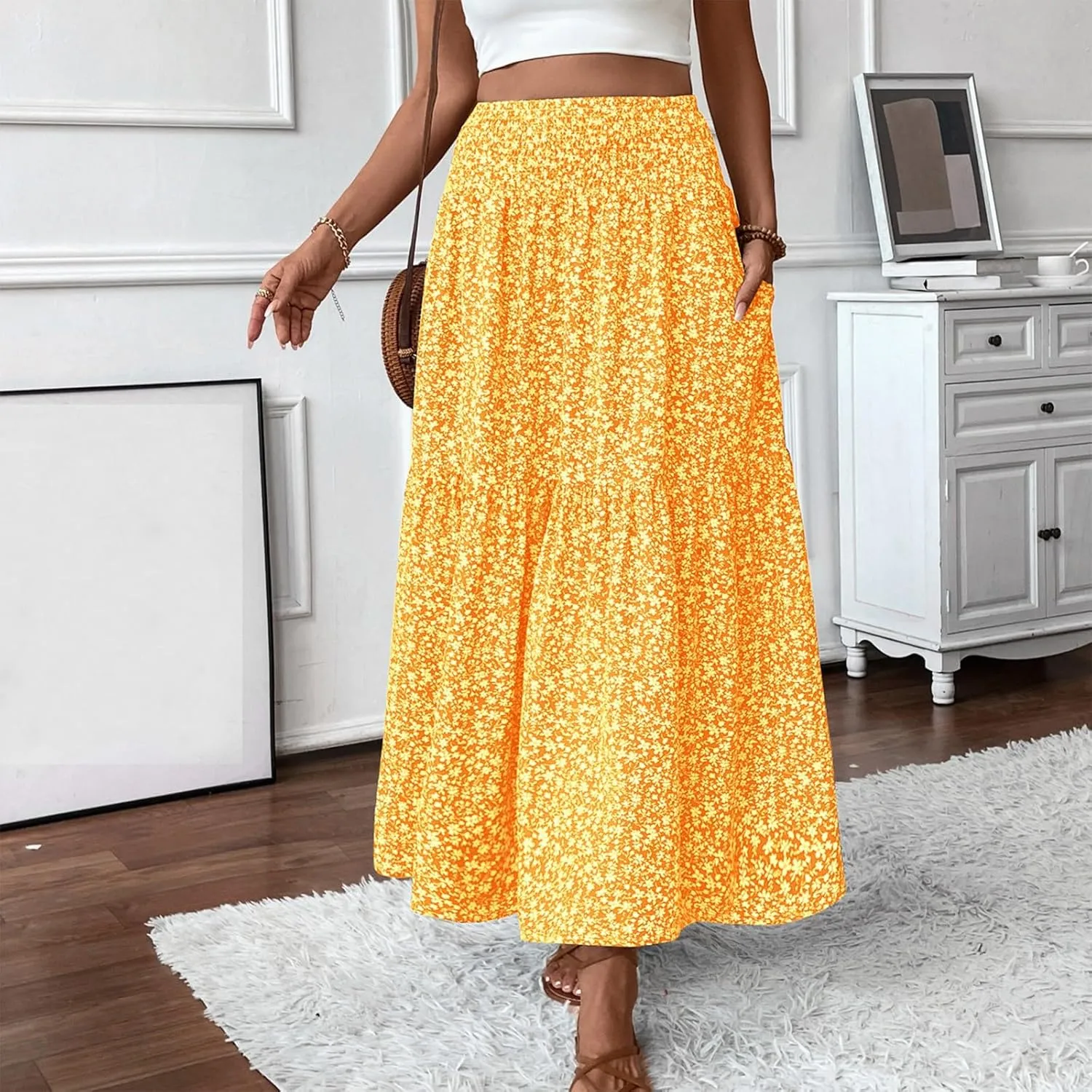Floral Skirts for Women 2025 Spring Summer Trendy Elastic Waist Maxi Skirts Flowy Bohemian Ruffle Skirt with Pockets