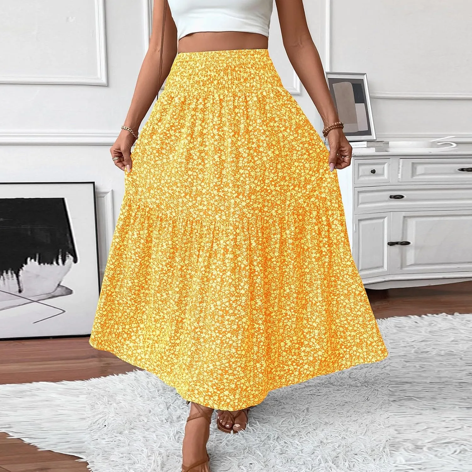 Floral Skirts for Women 2025 Spring Summer Trendy Elastic Waist Maxi Skirts Flowy Bohemian Ruffle Skirt with Pockets