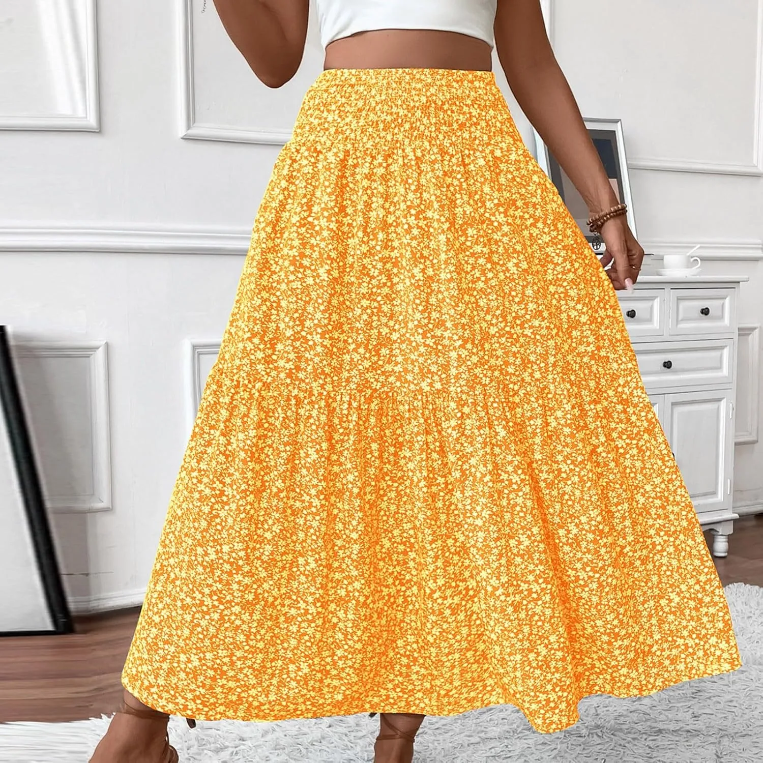 Floral Skirts for Women 2025 Spring Summer Trendy Elastic Waist Maxi Skirts Flowy Bohemian Ruffle Skirt with Pockets