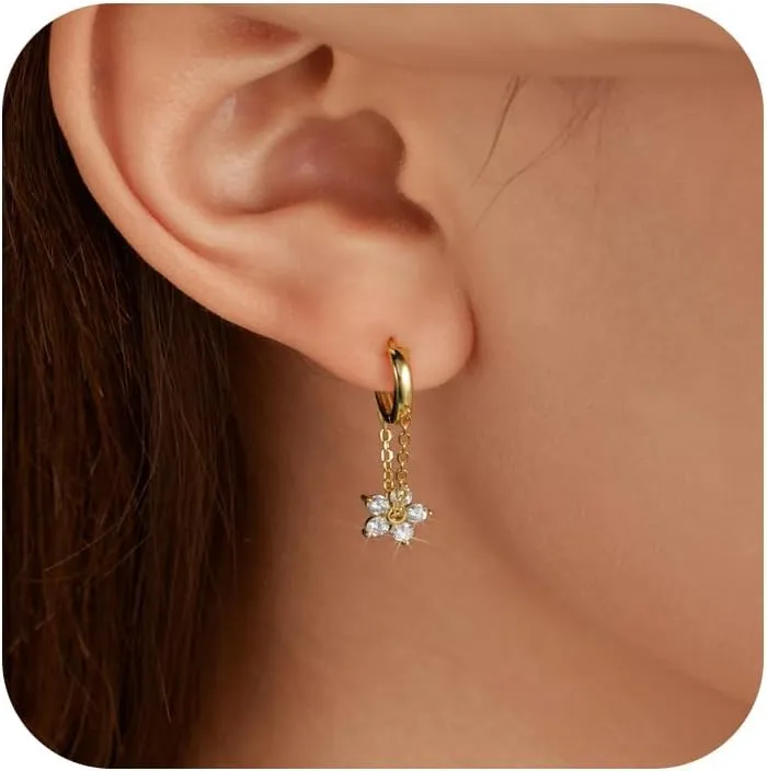 Flower Chain Drop Hoop Earrings for Women, S925 Sterling Silver Cubic Zirconia Huggie Hoop Dangle Earrings AS Birthday Jewelry from Best Friends Graduation Gifts Back to School