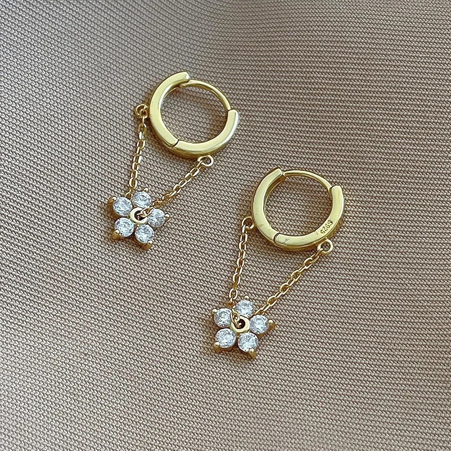 Flower Chain Drop Hoop Earrings for Women, S925 Sterling Silver Cubic Zirconia Huggie Hoop Dangle Earrings AS Birthday Jewelry from Best Friends Graduation Gifts Back to School