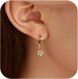 Flower Chain Drop Hoop Earrings for Women, S925 Sterling Silver Cubic Zirconia Huggie Hoop Dangle Earrings AS Birthday Jewelry from Best Friends Graduation Gifts Back to School