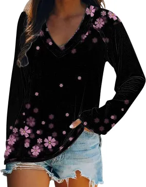 Flowers Graphic Long Sleeve V Neck Tees Shirts for Women Casual Loose Fitted Tshirts Boho Wildflower Trendy Tops